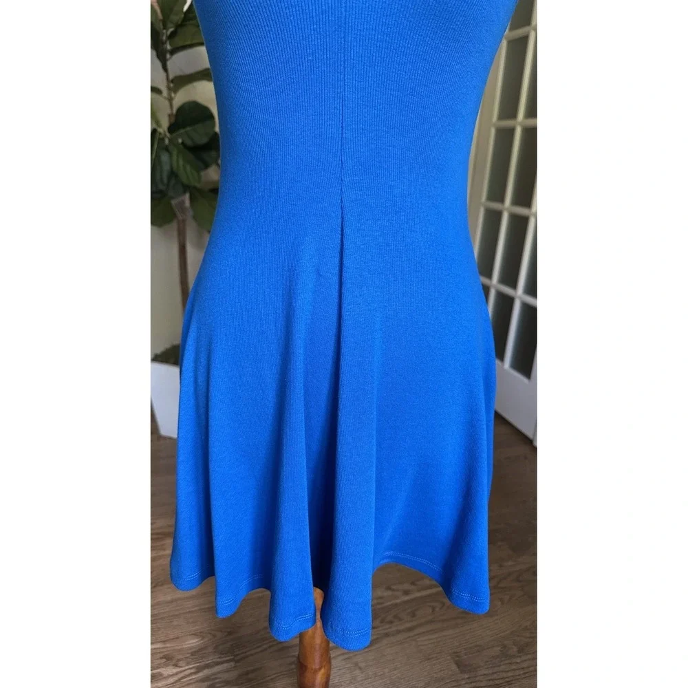 Zara Blue Lapel Collared Sleeveless Ribbed Skater Knit Mini Dress Size M - Picture 4 of 6